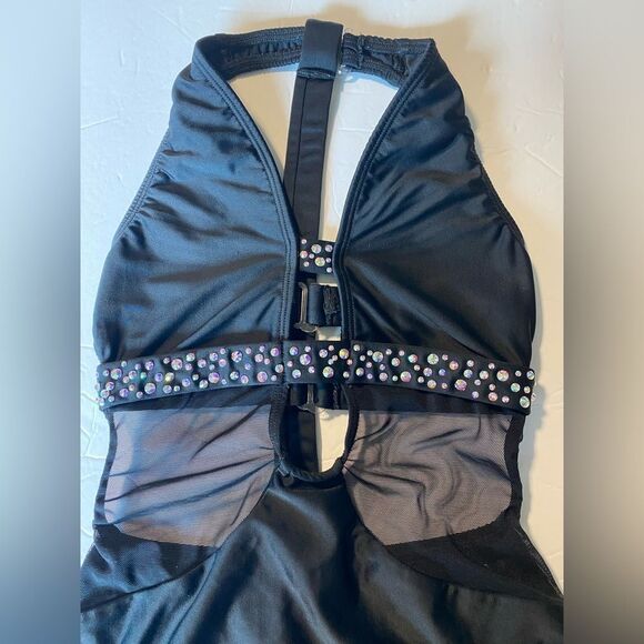 AA dance design costume solo custom black onyx cutout rhinestone mature adult XS - Picture 6 of 11